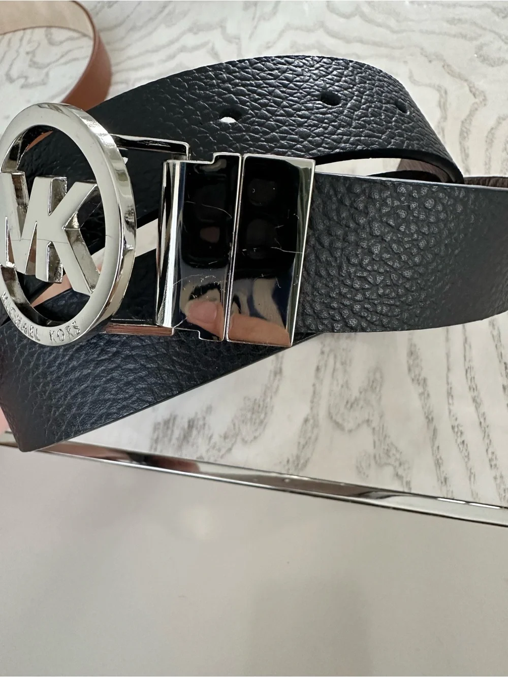 Michael Kors Reversible Black Leather Belt with Silver MK Circle Buckle